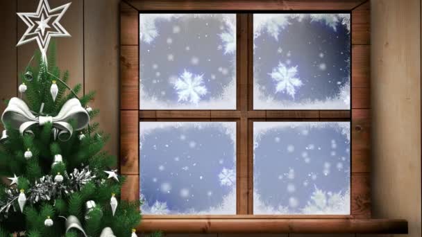 Рождественская Елка Деревянная Оконная Рама Над Снежинками Плавающими Голубом Фоне — стоковое видео