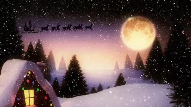 雪と冬の風景の上にトナカイとそりでサンタクラスのアニメーション クリスマス お祝いのコンセプトをデジタルで — ストック動画