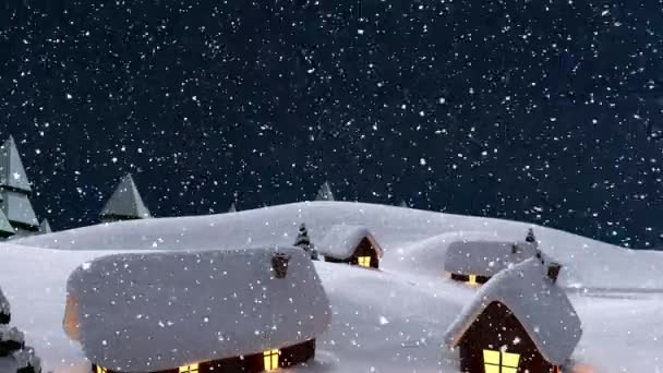Animazione Neve Che Cade Sul Paesaggio Invernale Con Case Abeti — Video Stock