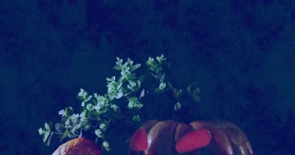 万圣节在黑色背景上雕刻了可怕的南瓜灯 以防止发牢骚的纹理效果 庆祝概念之间的距离 — 图库视频影像