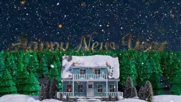 Animación Nieve Cayendo Sobre Texto Feliz Año Nuevo Sobre Paisaje — Vídeos de Stock