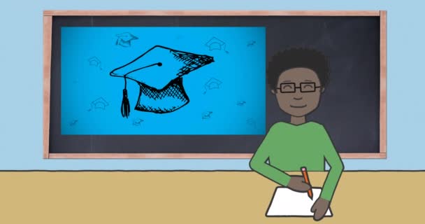 Animation Schoolboy Taking Notes Blackboard School Items Icons Blue Background — Stock Video