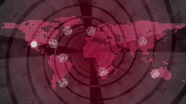 Κινούμενα Σχέδια Των Δικτύων Των Συνδέσεων Και Παγκόσμιο Χάρτη Ρολόι — Αρχείο Βίντεο