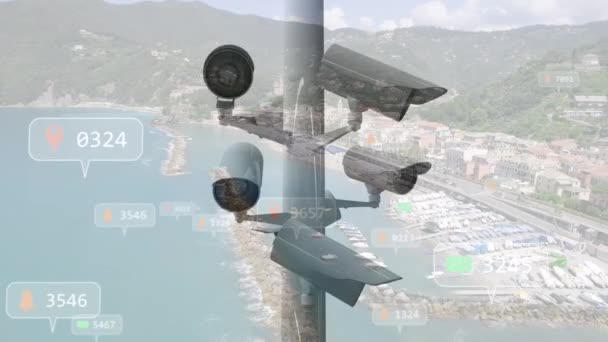 Animering Rörlig Övervakningskamera Över Stadsbilden Säkerhet Det Offentliga Rummet Koncept — Stockvideo