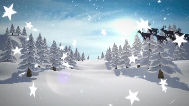 Animace Santa Clause Saních Soby Sněhu Padajícími Hvězdami Zimní Krajinou — Stock video