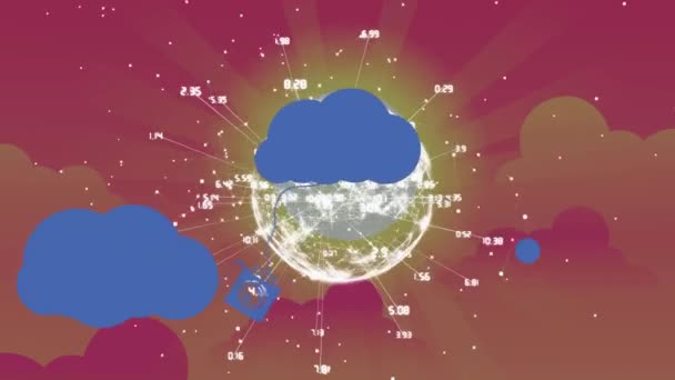 Animação Globo Rede Conexões Sobre Ícones Nuvens Rede Global Conexões — Vídeo de Stock