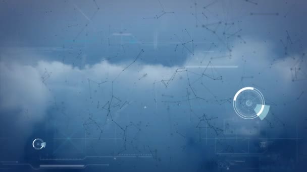 Анімація Мережі Єднань Областей Сканування Текстом Над Хмарами Глобальні Єднання — стокове відео