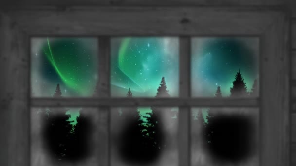 Animace Aurora Borealis Vánoční Zimní Scenérie Vidět Oknem Vánoční Tradiční — Stock video