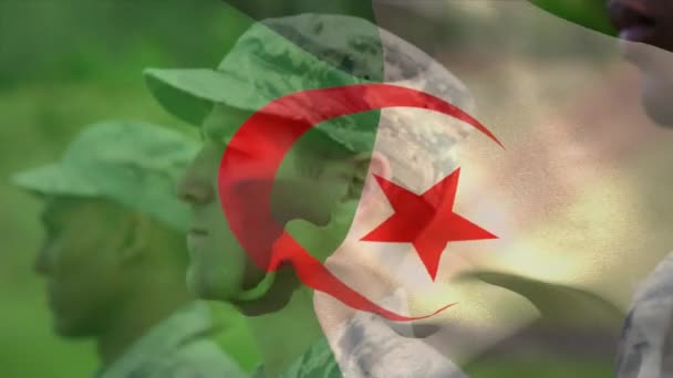 Animatie Van Vlag Van Algeria Diverse Mannelijke Soldaten Leger Civiele — Stockvideo