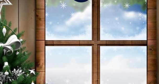 青い背景に雪の結晶の上のクリスマスボールのアニメーション クリスマス お祝いのコンセプトをデジタルで — ストック動画
