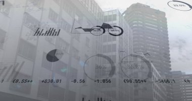 Arka plandaki yüksek binalar için finansal ve istatistiksel veri işleme. küresel finans ve iş kavramı