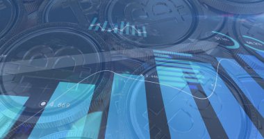 Bitcoinlerin üzerine inen kırmızı okla finansal veri işleme görüntüsü. küresel finans ve iş dünyası, dijital olarak oluşturulan bağlantı konsepti.