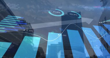 Arka plandaki yüksek binalarla finansal veri işlemenin dijital bileşimi. küresel finans ve iş kavramı