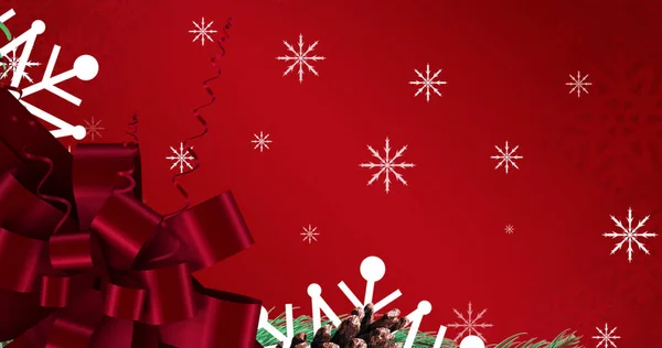 Изображение Снежинки Падающей Красный Рождественский Лук Рождество Зима Традиции Концепция — стоковое фото