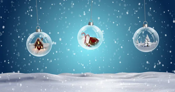 Afbeelding Van Drie Heldere Kerstballen Bungelen Meerdere Sneeuwvlokken Vallen Blauwe — Stockfoto