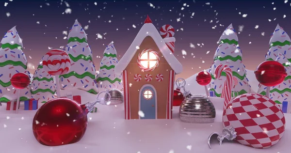 Зображення Снігу Падає Цукерки Імбирний Будинок Дерева Прикрашені Різдво Різдвяними — стокове фото
