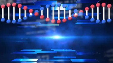 Siyah arkaplanda mavi kareler üzerinde DNA iplikçikleri ve veri işleme animasyonu. küresel bağlantılar, teknoloji, veri işleme ve dijital arayüz konsepti dijital olarak oluşturulmuş video.