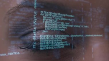 Kafkasyalı bir kadının gözünün üzerinde veri işleme animasyonu. küresel veri işleme, hesaplama ve dijital arayüz kavramı dijital olarak oluşturulmuş video.