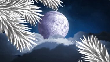 Noel Baba 'nın üzerinde beyaz noel ağacı dalları gece gökyüzüne karşı ren geyikleri tarafından çekiliyor. Noel şenliği ve kutlama konsepti