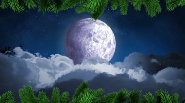 Noel Baba 'nın üzerinde yeşil ağaç dalları gece gökyüzünde ren geyikleri tarafından Ay' a doğru çekiliyor. Noel şenliği ve kutlama konsepti