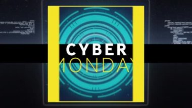 Çoklu yuvarlak tarayıcılar ve veri işleme karşı siber pazartesi metin afişi dijital animasyonu. satış indirimi ve perakende iş konsepti