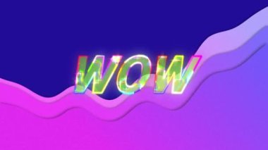 Mavi zemin üzerinde mor dalgalar üzerinde wow metin animasyonu. Sosyal medya ve iletişim arayüzü kavramı dijital olarak oluşturulmuş video.
