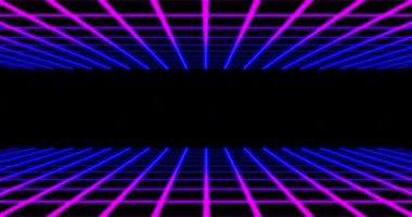Siyah arkaplanda hareket eden pembe-mavi ızgara çizgileri olan video oyunu ekranının animasyonu. Renk ışığı hareketi konsepti dijital olarak oluşturuldu.