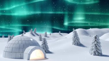 Gece gökyüzünde yeşil ışıklara karşı eskimo kulübesinde kar ve kışın birden fazla ağaç düşüyor. Noel şenliği ve kutlama konsepti