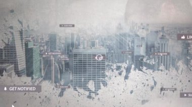 Şehir manzarası üzerindeki simgelerle bağlantı ağının canlandırılması. Sosyal medya ve iletişim konsepti dijital olarak oluşturulmuş video.