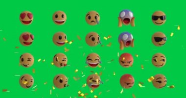 Yeşil ekran üzerine emoji simgeleri üzerine konfetilerin düşüşünün animasyonu. küresel sosyal medya, kutlama ve iletişim konsepti dijital olarak oluşturulmuş video.