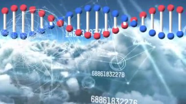 Bulutlar ve gökyüzü üzerinde işlenen bağlantı ağlarının, DNA iplikçiklerinin ve veri işlemlerinin animasyonu. küresel bağlantılar, iletişim ve teknoloji konsepti dijital olarak oluşturulmuş video.