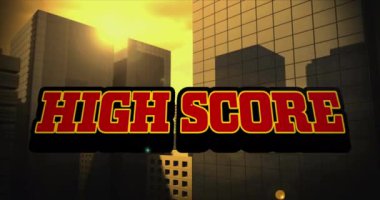 Şehir manzarası üzerinde yüksek skorlu metin animasyonu. Video oyunu, dijital arayüz ve dijital olarak oluşturulmuş iletişim konsepti.