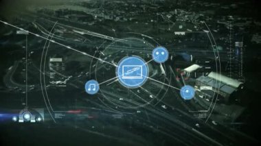 Şehir manzarası üzerindeki simgelerle bağlantı ağının animasyonu. küresel bağlantılar, iş dünyası, finans, veri işleme ve dijital arayüz kavramı dijital olarak oluşturulmuş video.