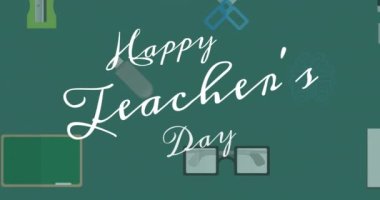 Okul öğeleri simgeleri üzerine mutlu öğretmenler günü metinleri. okul, eğitim ve öğrenim konsepti dijital olarak oluşturulmuş video.