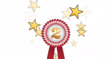 Yüzen altın başlangıcın animasyonu ve beyaz arka planda ikincilik madalyası. Zafer, şenlik ve kutlama konsepti dijital olarak oluşturulmuş video.