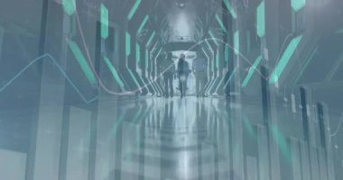 Modern ofiste yürüyen çeşitli iş adamları üzerinde finansal veri işleme animasyonu. küresel iş, finans, bağlantılar ve dijital arayüz konsepti dijital olarak oluşturulmuş video.