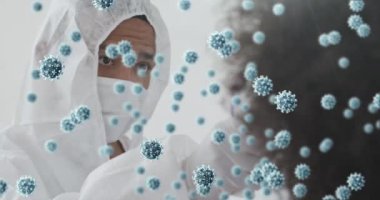 Yüzü maske takan melez doktorların vücut ısısını ölçen koronavirüs hücrelerinin canlandırılması. covid 19 pandemik konsept sırasında dijital olarak üretilen tıbbi ve sağlık hizmetleri.