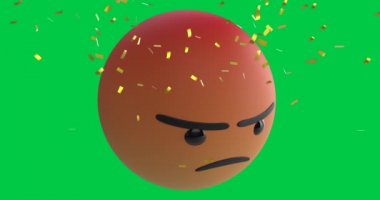 Yeşil ekran arka planında kızgın emoji simgesi üzerine düşen konfeti animasyonu. Dijital ortamda oluşturulan sosyal medya, iletişim ve kutlama konsepti.