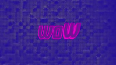 Mavi arkaplan üzerinde hareket eden şekiller üzerinde wow metin animasyonu. Sosyal medya ve iletişim arayüzü kavramı dijital olarak oluşturulmuş video.