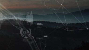 Manzara üzerinde bağlantı ağları ve veri işleme animasyonları. küresel iş, veri işleme, bağlantılar ve dijital arayüz konsepti dijital olarak oluşturulmuş video.