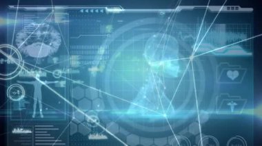 Bağlantı ağlarının animasyonu ve siyah arkaplan üzerinden tıbbi veri işleme. küresel tıp, bağlantılar, veri işleme ve dijital arayüz kavramı dijital olarak oluşturulmuş video.