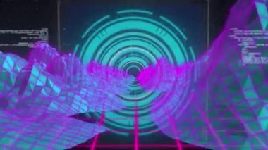 Siyah uzayda hareket eden dağların üzerinde çeşitli verilerle ekranın animasyonu. iletişim teknolojisi dijital arayüz konsepti dijital olarak oluşturulmuş video.