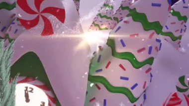 Frohe Nachten metni ve kar taneleri kış manzarasında birden fazla evin üzerine düşüyor. Noel şenliği ve kutlama konsepti