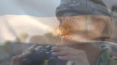 Dürbünlü asker yerine Arjantin bayrağının canlandırılması. küresel vatanseverlik, silahlı kuvvetler ve koruma kavramı dijital olarak oluşturulmuş video.