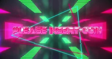 Lütfen hareket eden dijital tünelin üzerine bozuk para metni girin. Video oyunu, eğlence ve dijital arayüz kavramı dijital olarak oluşturuldu.