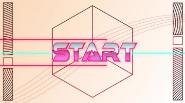 Beyaz arkaplandaki ışık izlerinin üzerinden başlat metninin canlandırması. Video oyunu, eğlence ve dijital arayüz kavramı dijital olarak oluşturuldu.