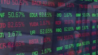 Spor salonundaki çeşitli bayan basketbolcu grupları üzerinden finansal veri işleme animasyonu. spor, bağlantılar ve dijital arayüz konsepti dijital olarak oluşturulmuş video.