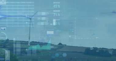 Kırsal bölgelerdeki rüzgar türbinleri üzerinde istatistik ve veri işleme animasyonları. çevre, sürdürülebilirlik, ekoloji, yenilenebilir enerji, küresel ısınma ve iklim değişikliği farkındalığı.