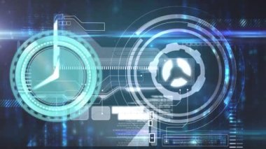 Ekranda tarama ve veri işleme ile birlikte saatin hareket halindeki animasyonu. küresel bağlantılar, veri işleme ve dijital arayüz konsepti dijital olarak oluşturulmuş video.