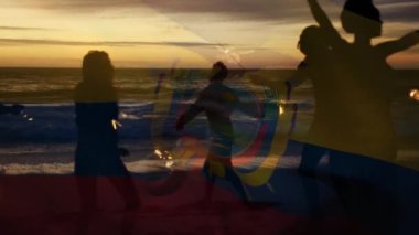 Sahilde eğlenen bir grup arkadaş için Meksika bayrağı sallamanın animasyonu. seyahat, tatiller, vatanseverlik ve dijital olarak üretilen video konsepti.